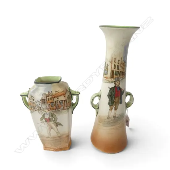 2 ROYAL DOULTON DICKEN'S WARE VASES, H.310mm H.200mm
