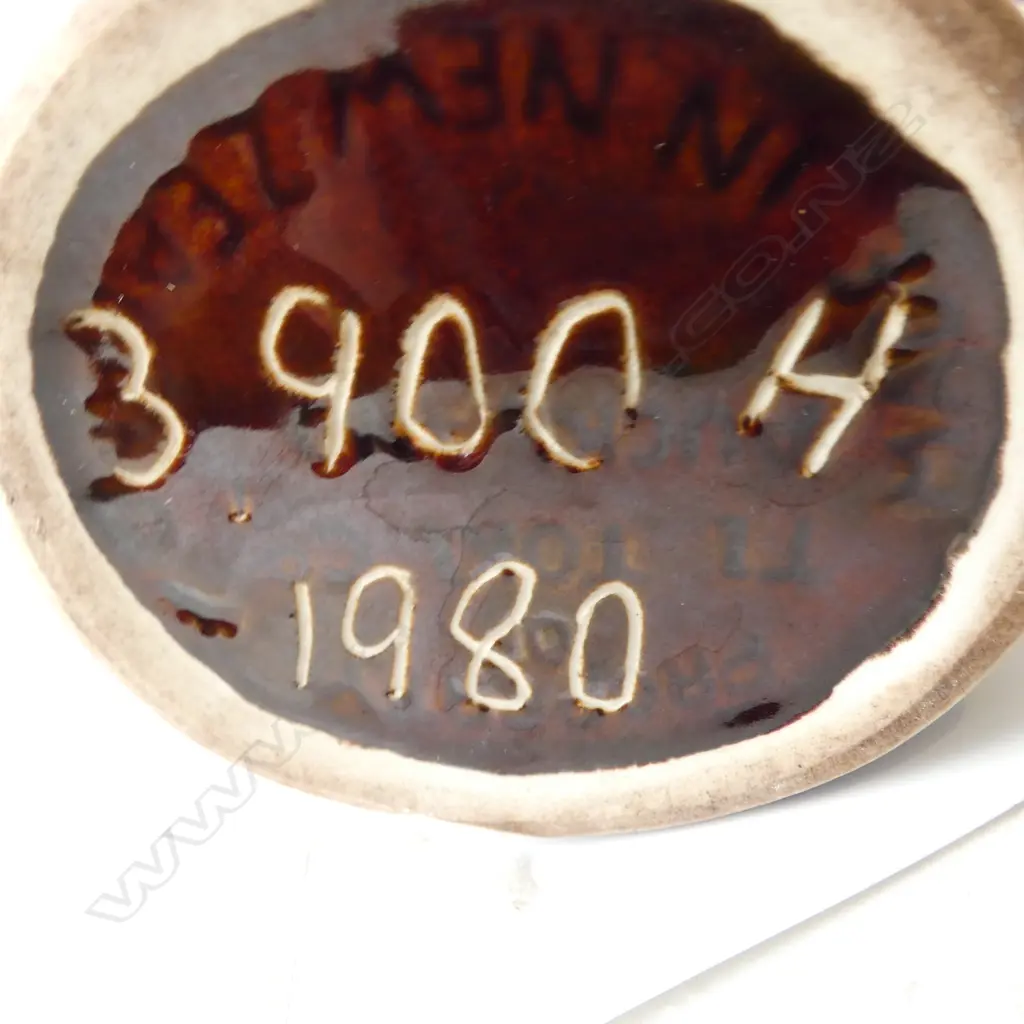 TI TOKI YELLOW/BROWN GLAZED BOTTLE w original label, sticker, maker's name impressed to base, no's 3900/8 1980 etched to Image 1++