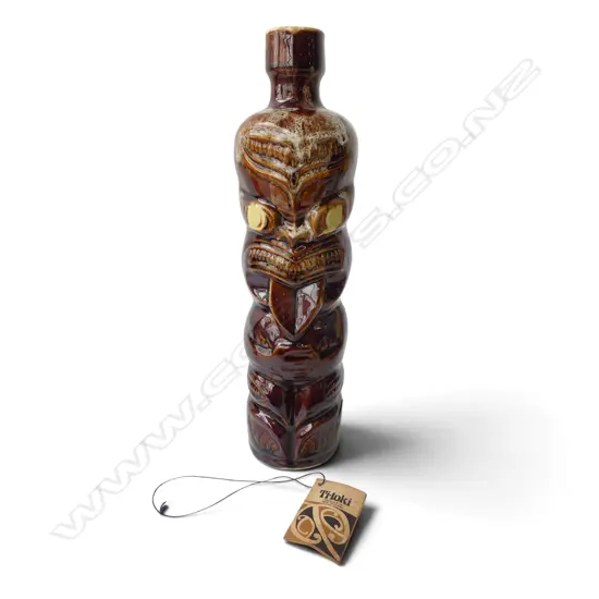 TI TOKI YELLOW/BROWN GLAZED BOTTLE w original label, sticker, maker's name impressed to base, no's 3900/8 1980 etched to