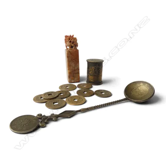 9 CHINESE COINS, CHINESE COIN HOLDER, CHINESE SPOON (MARKED SILVER BUT NOT TESTING AS SILVER), SOAP STONE CHOP SEAL 80mm