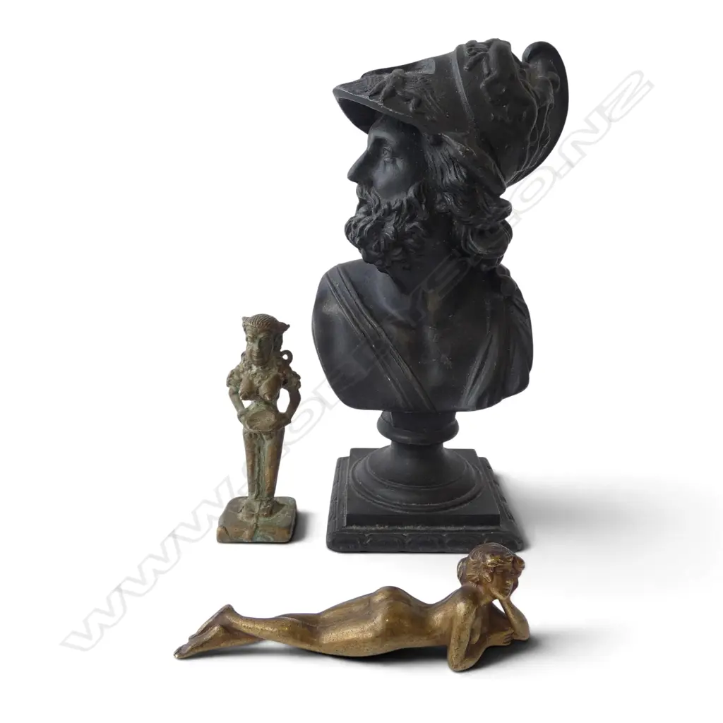3 METAL FIGURES; GRAND TOUR BUST H.150mm, INDIAN FEMALE, RECLINING NUDE Image 1++