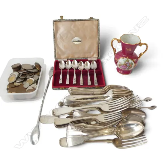 ASST. SILVER PLATE CUTLERY, WORLD COINS ETC