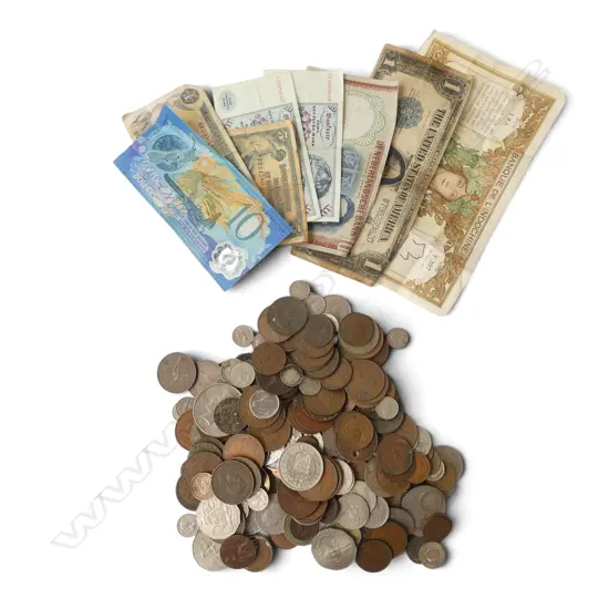 ASST. WORLD COINS & NOTES Incl. N.Z. PRE-DECIMAL & N.Z. NEW MILLENNIUM $10 NOTE 