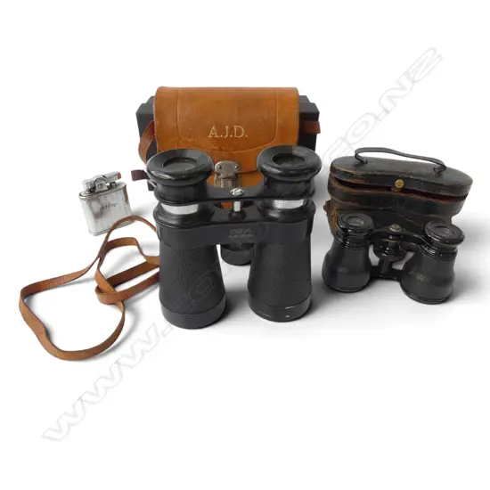 VINTAGE CASED BINOCULARS, CASED OPERA GLASSES AND VINTAGE CIGARETTE LIGHTER 