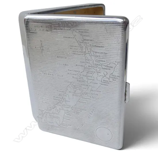 VINTAGE CIGARETTE CASE w MAP 'DOMINION of NEW ZEALAND' machine etched to front, Emu Brand made in England