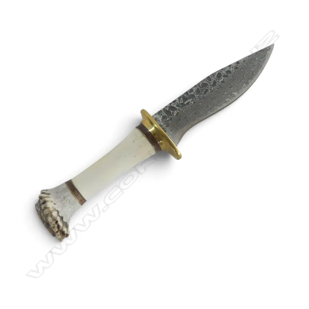 DAMASCUS STEEL KNIFE w. DEER BONE & ANTLER HANDLE L.190mm Image 1++