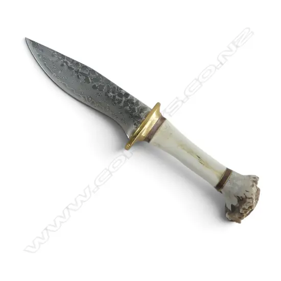 DAMASCUS STEEL KNIFE w. DEER BONE & ANTLER HANDLE L.190mm