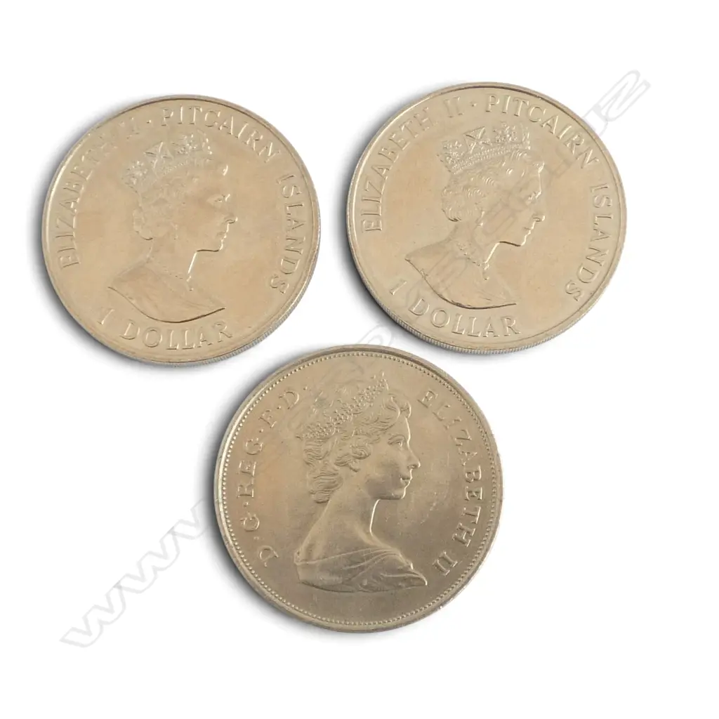 2 COMM. PITCAIN $1 CUPRO-NICKEL HMAV BOUNTY COINS + COMM. PRINCE OF WALES & PRINCESS DIANA 1981 COIN Image 1++