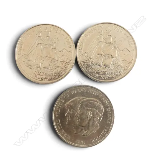 2 COMM. PITCAIN $1 CUPRO-NICKEL HMAV BOUNTY COINS + COMM. PRINCE OF WALES & PRINCESS DIANA 1981 COIN