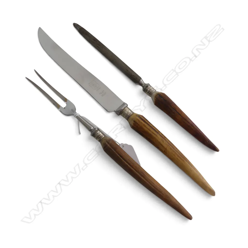 VINTAGE REAL ANTLER HANDLE 3PC CARVING SET SHEFFIELD ENGLAND, L.333MM Image 1++