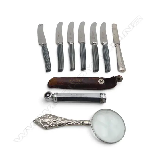 SET 6 VINTAGE HIRAM WILD FRUIT KNIVES + STG handled KNIFE + GAUGE + MAGNIFYING GLASS 