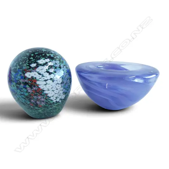 PETER RAOS, GARDEN SERIES PAPERWEIGHT AND SMALL PURPLE GLASS BOWL