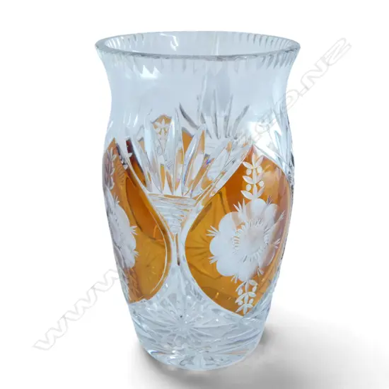 VINTAGE EUROPEAN CUT CRYSTAL AMBER FLASHED VASE, H.200MM