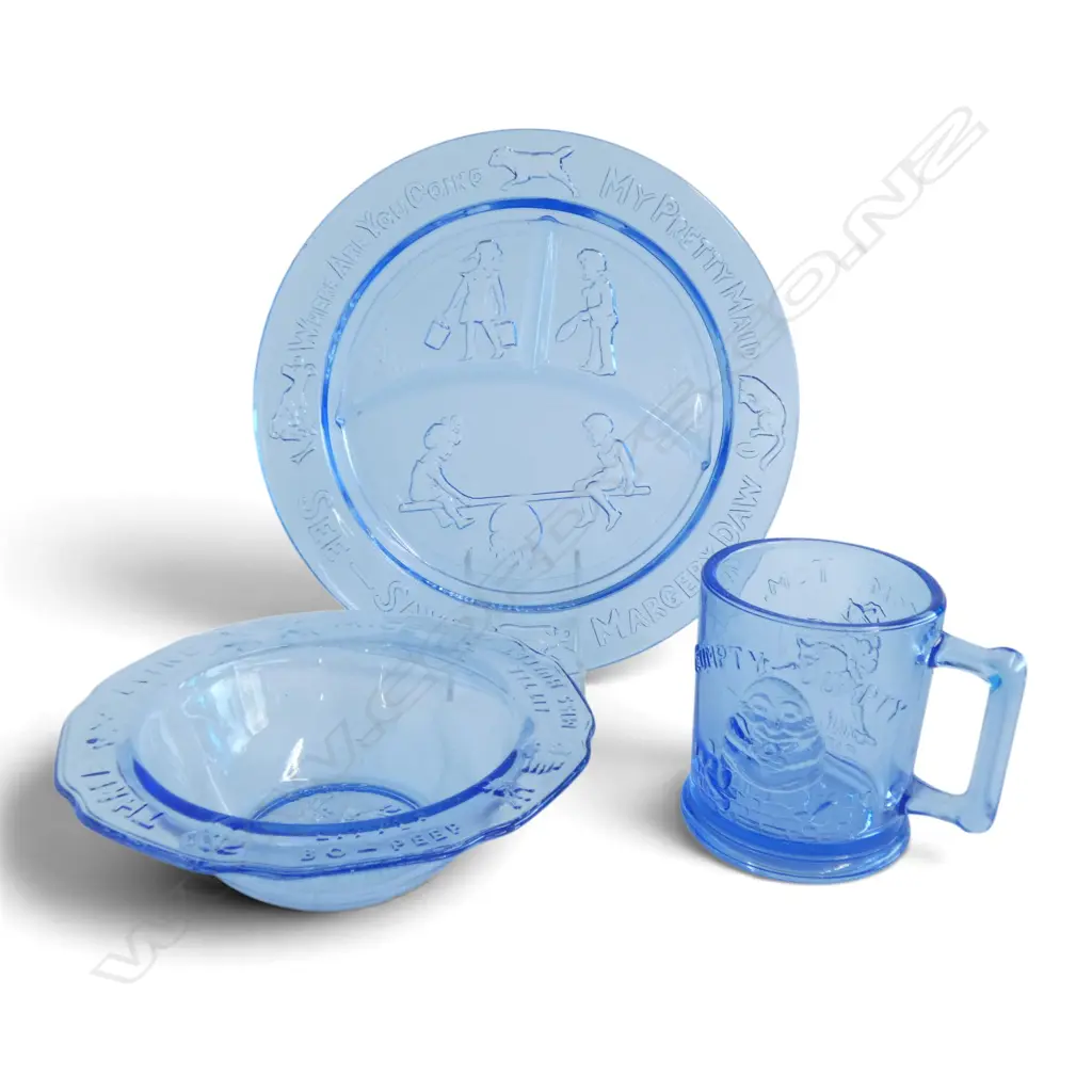VINTAGE BLUE GLASS CHILD’S NURSERY RHYMES PLATE BOWL CUP SET, D.215MM Image 1++
