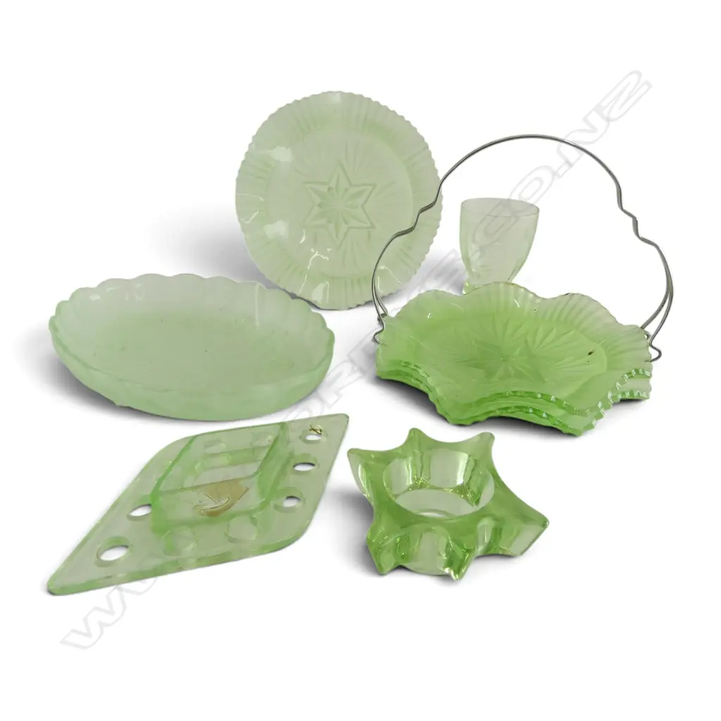 2 PCS URANIUM GLASS; BEAKER & FLOWER FROG + ASST. PCS GREEN DEPRESSION GLASS Image 1++