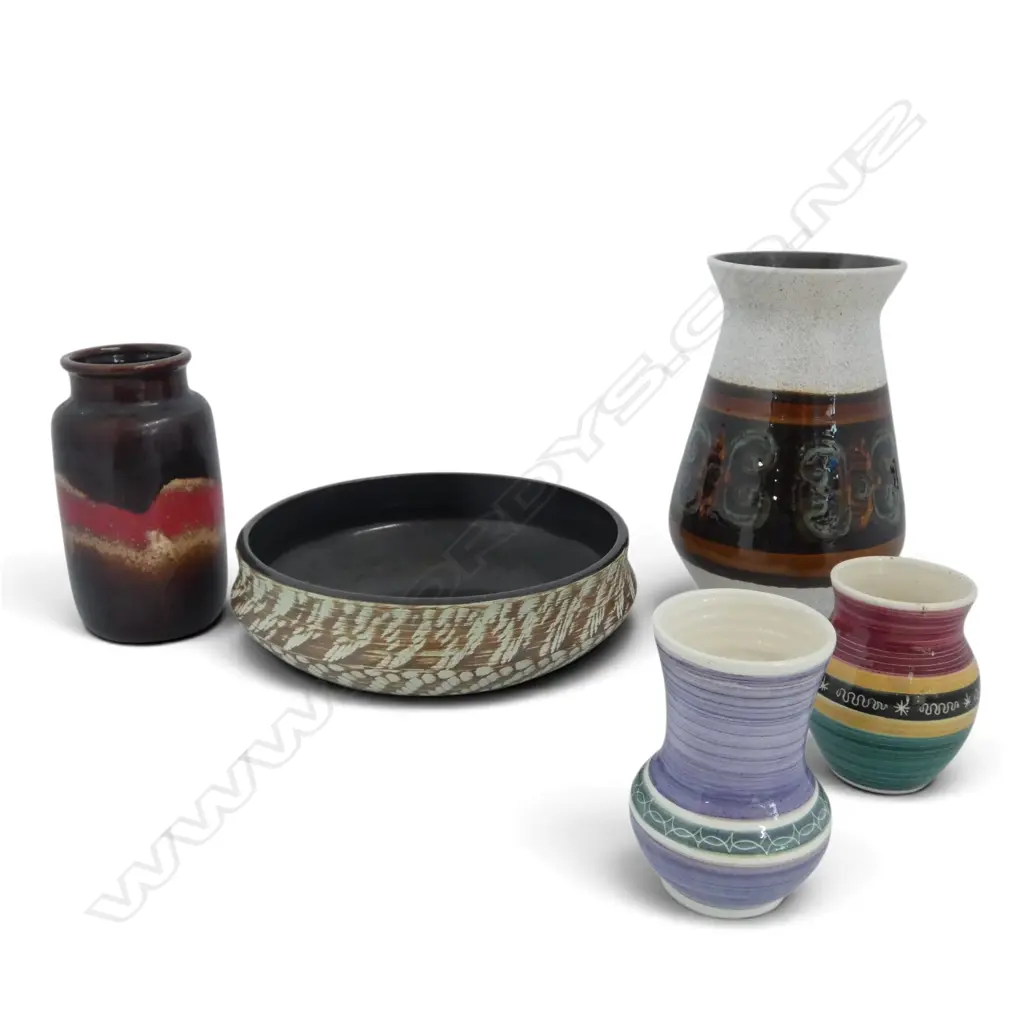 4 RETRO GERMAN POTTERY VASES H. 200mm + BOWL 210mm dia Image 1++