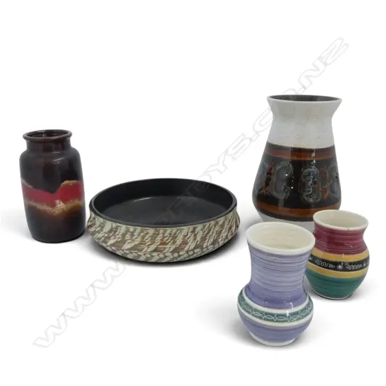 4 RETRO GERMAN POTTERY VASES H. 200mm + BOWL 210mm dia