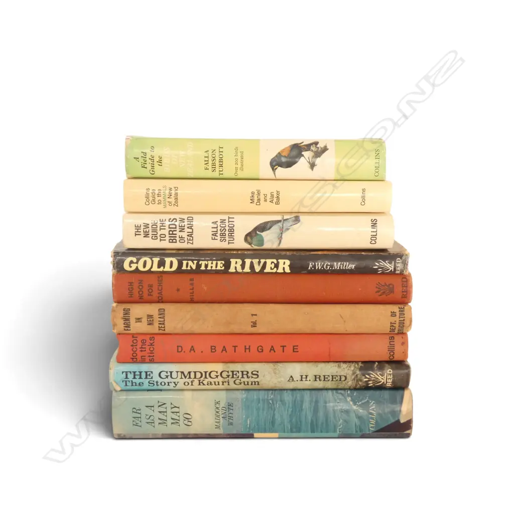 9 VINTAGE NZ BOOKS GOLD, GUMDIGGERS, FARMING, BIRDS, CPTN COOK ETC Image 1++