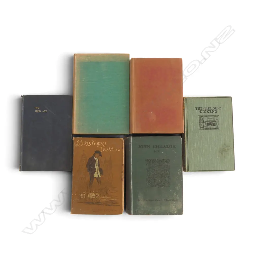 6 ANTIQUE BOOKS GULIVER’S TRAVELS, RED AXE, DICKENS, ETC Image 1++