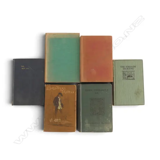 6 ANTIQUE BOOKS GULIVER’S TRAVELS, RED AXE, DICKENS, ETC