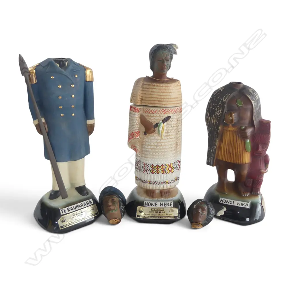 3 VINTAGE JIM BEAM MAORI THEMED MUSICAL BOTTLES, HONE HEKE, TE RAUPARAHA head broken off, HONGI HIKA head cracked Image 1++