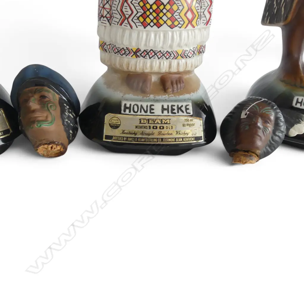 3 VINTAGE JIM BEAM MAORI THEMED MUSICAL BOTTLES, HONE HEKE, TE RAUPARAHA head broken off, HONGI HIKA head cracked Image 1++