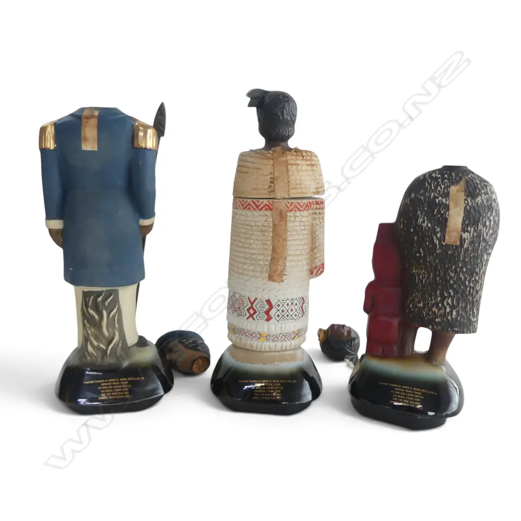 3 VINTAGE JIM BEAM MAORI THEMED MUSICAL BOTTLES, HONE HEKE, TE RAUPARAHA head broken off, HONGI HIKA head cracked Image 1++