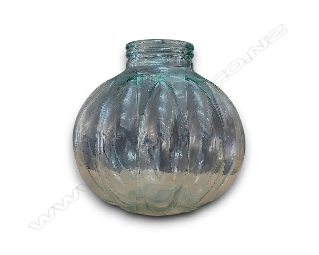 LARGE VINTAGE ITALIAN GREEN PUMPKIN-SHAPED GLASS JAR 350H X 330 D mm Image 1++