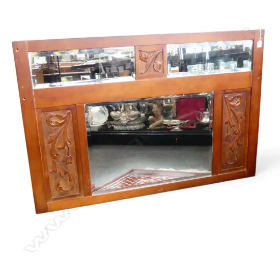 EARLY 20TH CENTURY HANDCARVED KAURI OVERMANTLE WITH MIRROR INSERTS 855 X 1285MM