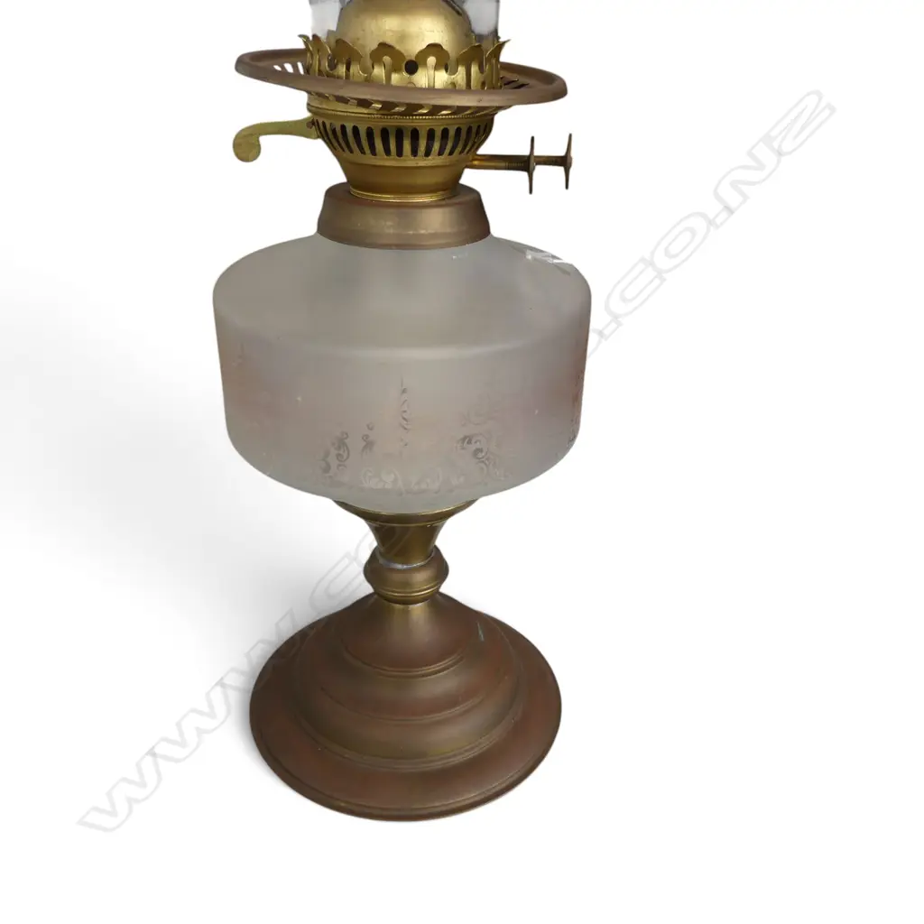 ANTIQUE ENGLISH DUPLEX OIL LAMP WITH FROSTED GLASS & BRASS 560mm (H) Image 1++