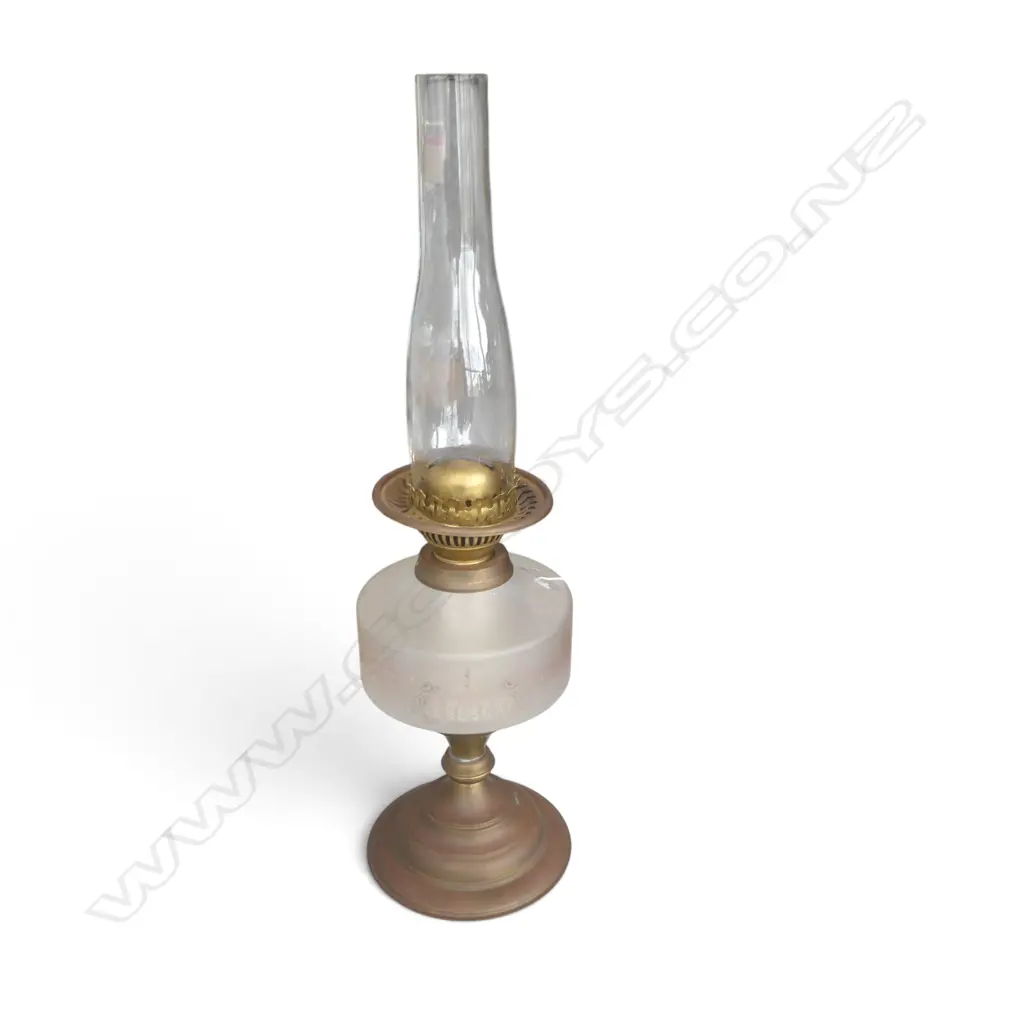 ANTIQUE ENGLISH DUPLEX OIL LAMP WITH FROSTED GLASS & BRASS 560mm (H) Image 1++