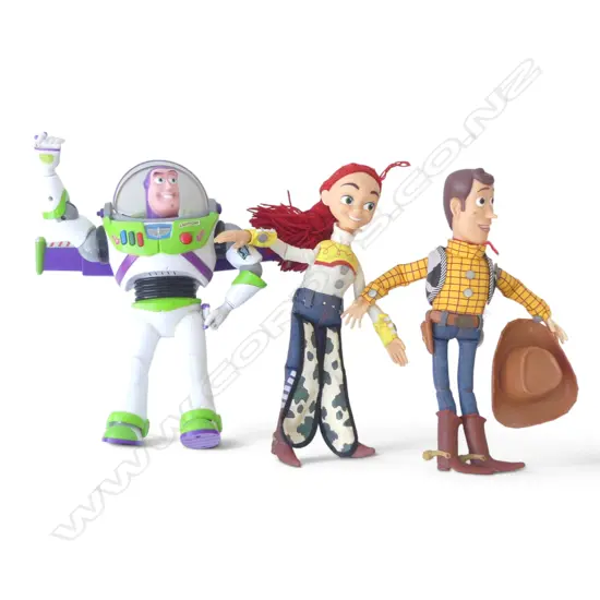 THREE TOY STORY FIGURINES (WOODY, JESSIE, BUZZ) (2 WITH PULL STRING VOICE FEATURES - NEED BATTERIES) 370mm (EACH)