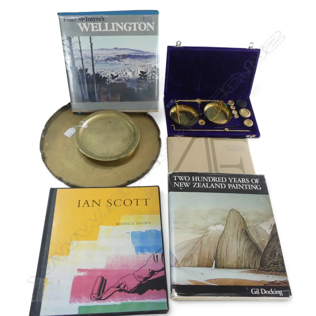 4 ART BOOKS, CASED SCALES, 2 BRASS TRAYS 350mm dia Image 1++