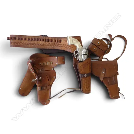 3 LEATHER GUN HOLSTER BELTS + TOY PISTOL