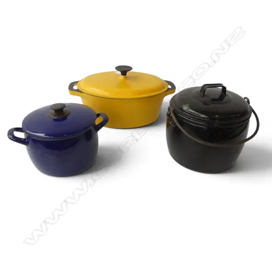 3 LIDDED POTS; 2 ENAMEL, 1 YELLOW ENAMELLED CAST IRON W.340mm
