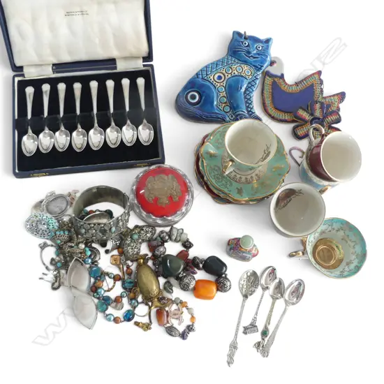 COSTUME JEWELLERY, CASED TEASPOONS ETC