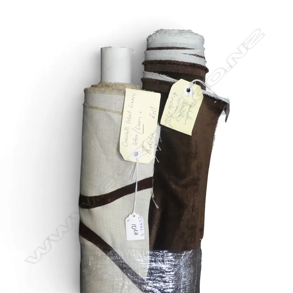 2 6M FABRIC ROLLS; CHOCOLATE VELVET LINEN & MANHATTEN CHOCOLATE POLY  Image 1++