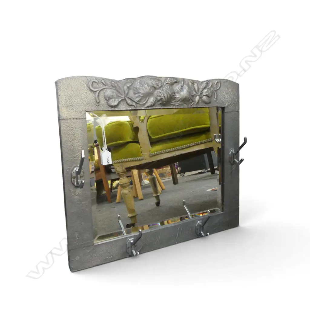 ART NOUVEAU BEVELLED MIRROR WITH COAT HOOKS HAND MADE PEWTER SURROUND WITH DECORATION DATED 1039 H485 W570MM Image 1++