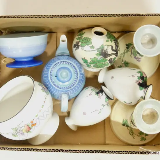 8PCS SHELLEY CHINA PR LUSTER CANDLESTICKS H190MM 4 VASES TEAPOT & BOWL