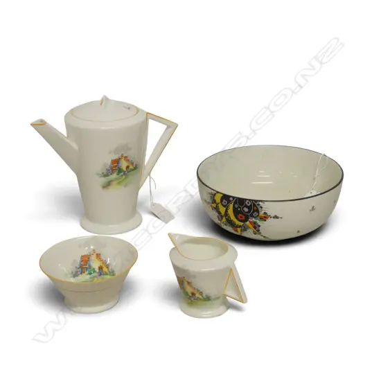 3PC SHELLEY DECO COFFEE SET TRIANGLE HANDLES & DECO BOWL DIA190MM