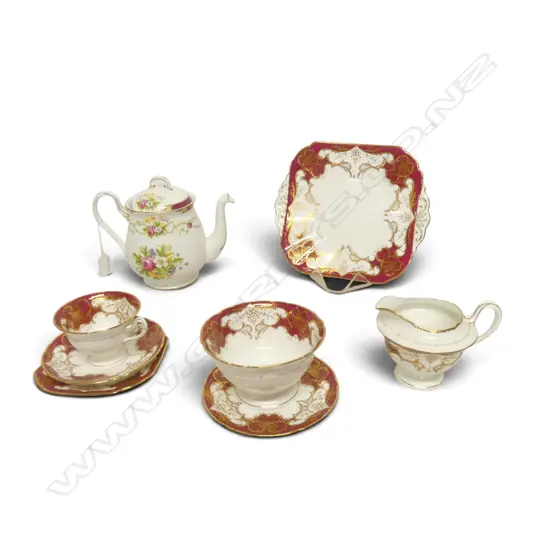 SHELLEY CHINA C/SUGAR CAKE PLATE & CSP RED GILT PAT & SHELLEY DUBARRY PAT TEAPOT