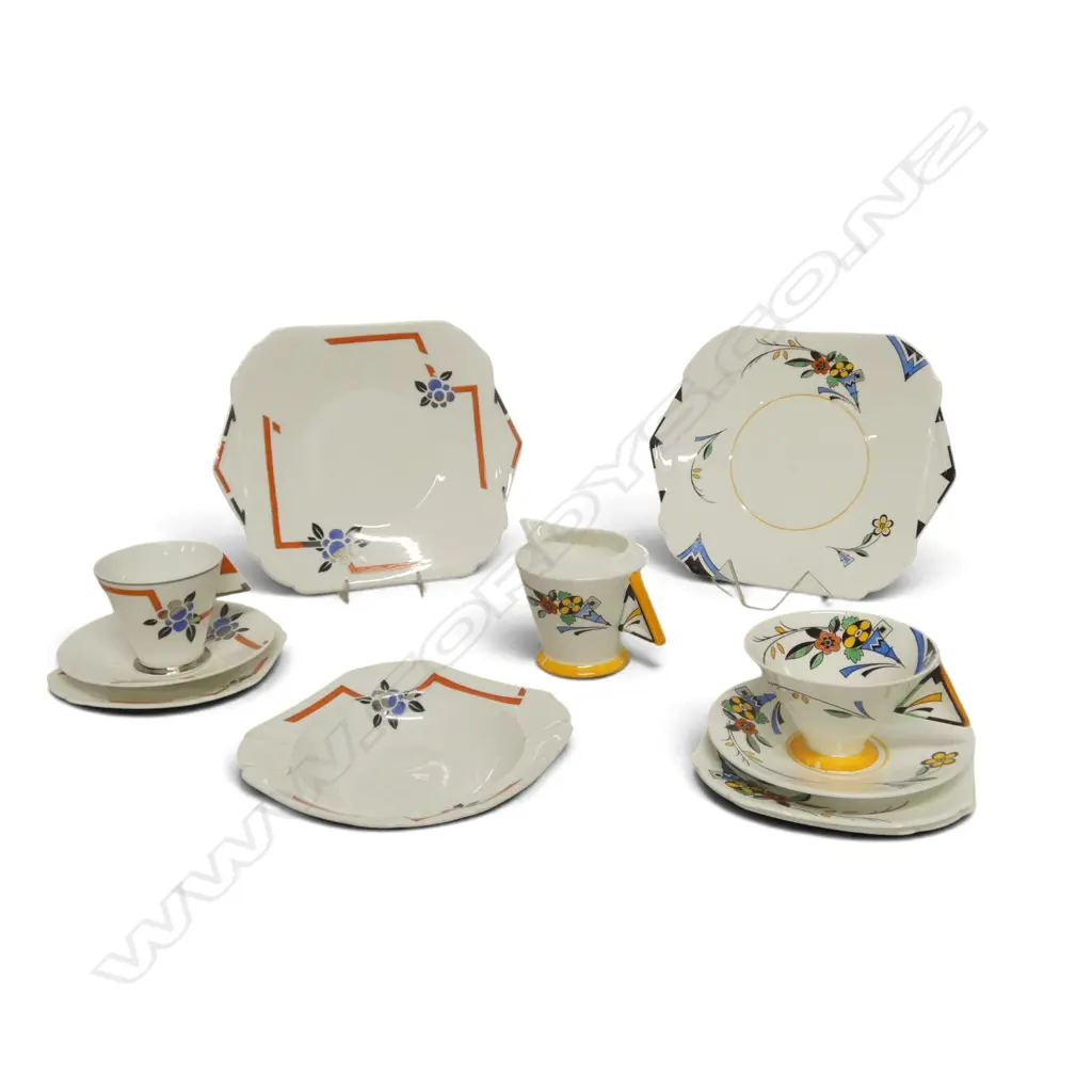 2 PART DECO SHELLEY CHINA  SETS 2CSPS 2 CAKE PLATES JUG ETC TRIANGLE HANDLES Image 1++
