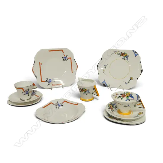 2 PART DECO SHELLEY CHINA  SETS 2CSPS 2 CAKE PLATES JUG ETC TRIANGLE HANDLES