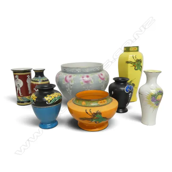 7 SHELLEY CHINA VASES MIXED PATS & SHELLEY JARDINEER DIA240MM