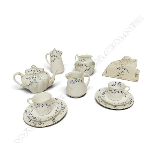 SHELLEY CHINA 3PC TEASET COFFEE POT 2CSPS & CHEESE WEDGE BLUE BLOSSEM PAT
