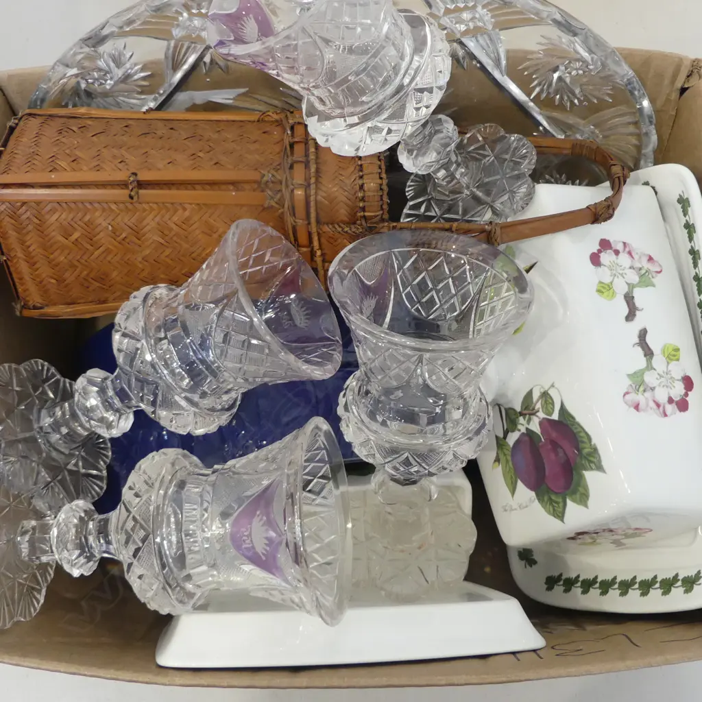 2 PORTMEIRION LIDDED DISHES, 4 CRYSTAL GLASSES, PR BLUE IKEBANA VASES ETC Image 1++