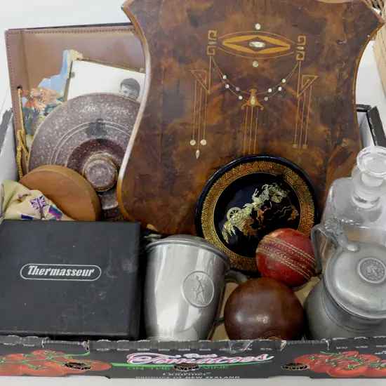 WOODEN SHIELD, PEWTER TANKARDS, PAINTING, AFRICAN ALBUM, THERMASSEUR ETC