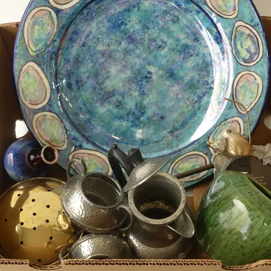 BOX OF ASST. COLLECTABLES Incl. ALICE SHAW POTTERY PLATE, BRASS BEDWARMER, etc