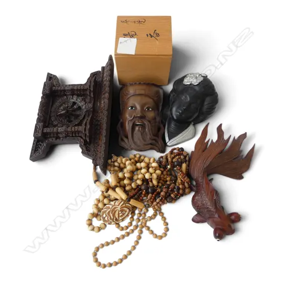 ASST. ORIENTAL PIECES; CARVED WOODEN FISH, MASK ETC