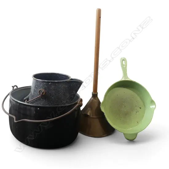 ENAMEL POT & JUG, CAST IRON PAN, COPPER 'SWIFT SURE' CLOTHES WASHER